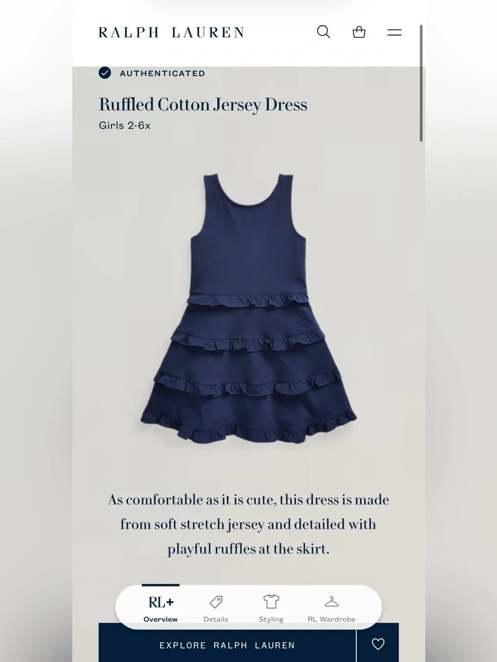POLO RALPH LAUREN Girls Ruffled Cotton Jersey Dress Size 6X Preppy Classic